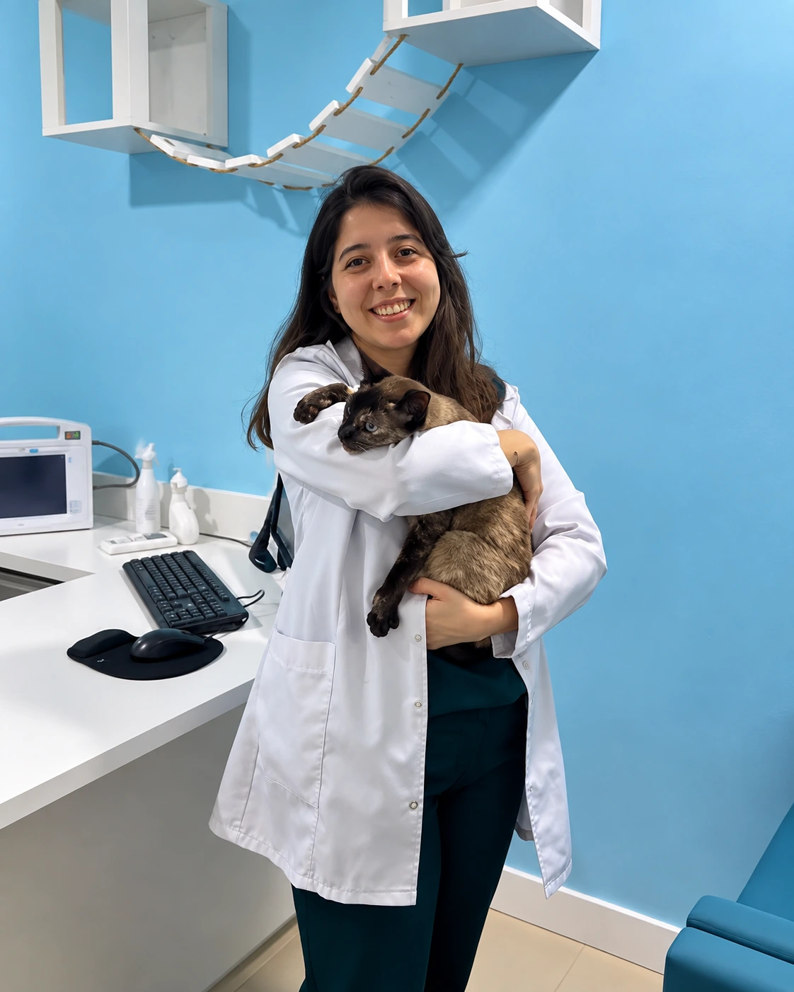 Veterinária do HVB com um gato no colo durante a consulta